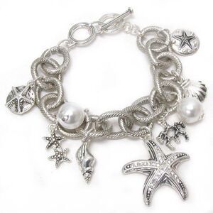 Silver Tone Sea Life Beach Coastal Nautical Toggle Charm Bracelet